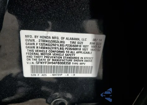 2015 Honda Pilot Touring from USA, damaged, VIN 5FNYF3H94FB008358